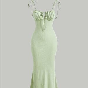 Sage Green Ribbed Tie-Strap Dress